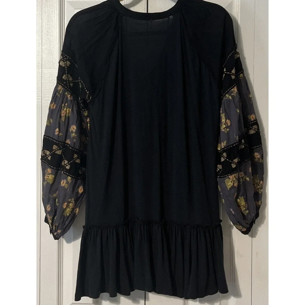 Free People Mix It Up Black Floral Bohemian Oversized Tunic Mini Dress Small